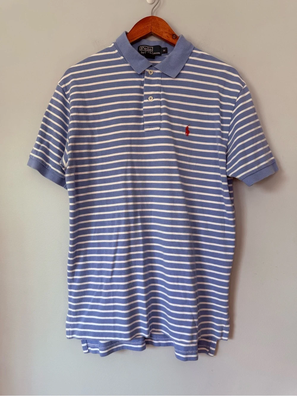 Polo Ralph Lauren Blue White Striped Polo Shirt Red Pony Men's Medium Cotton